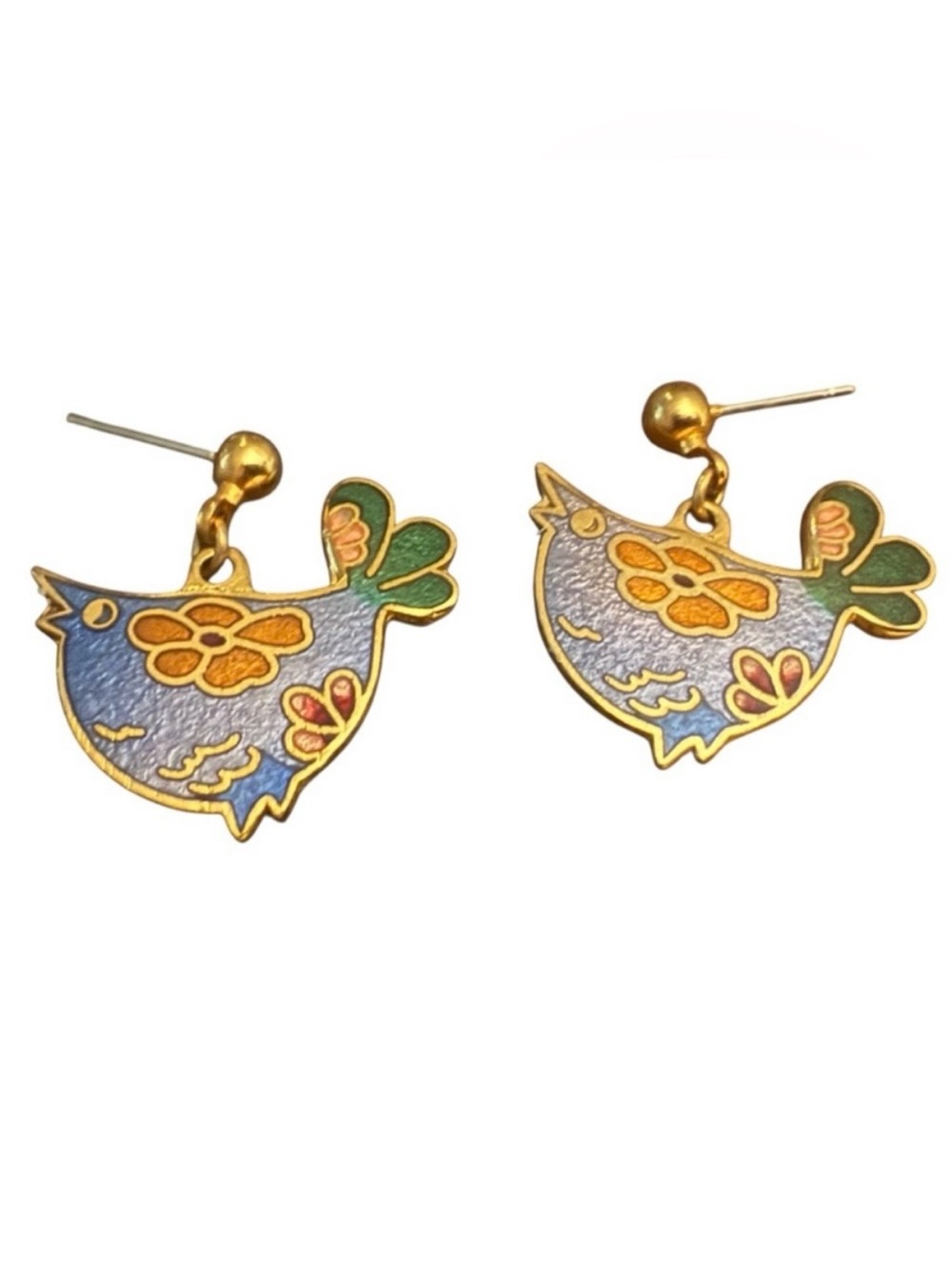 Vintage Dainty Sweet Bird Earrings in‎ Metal and Enamel, For Pierced Ears